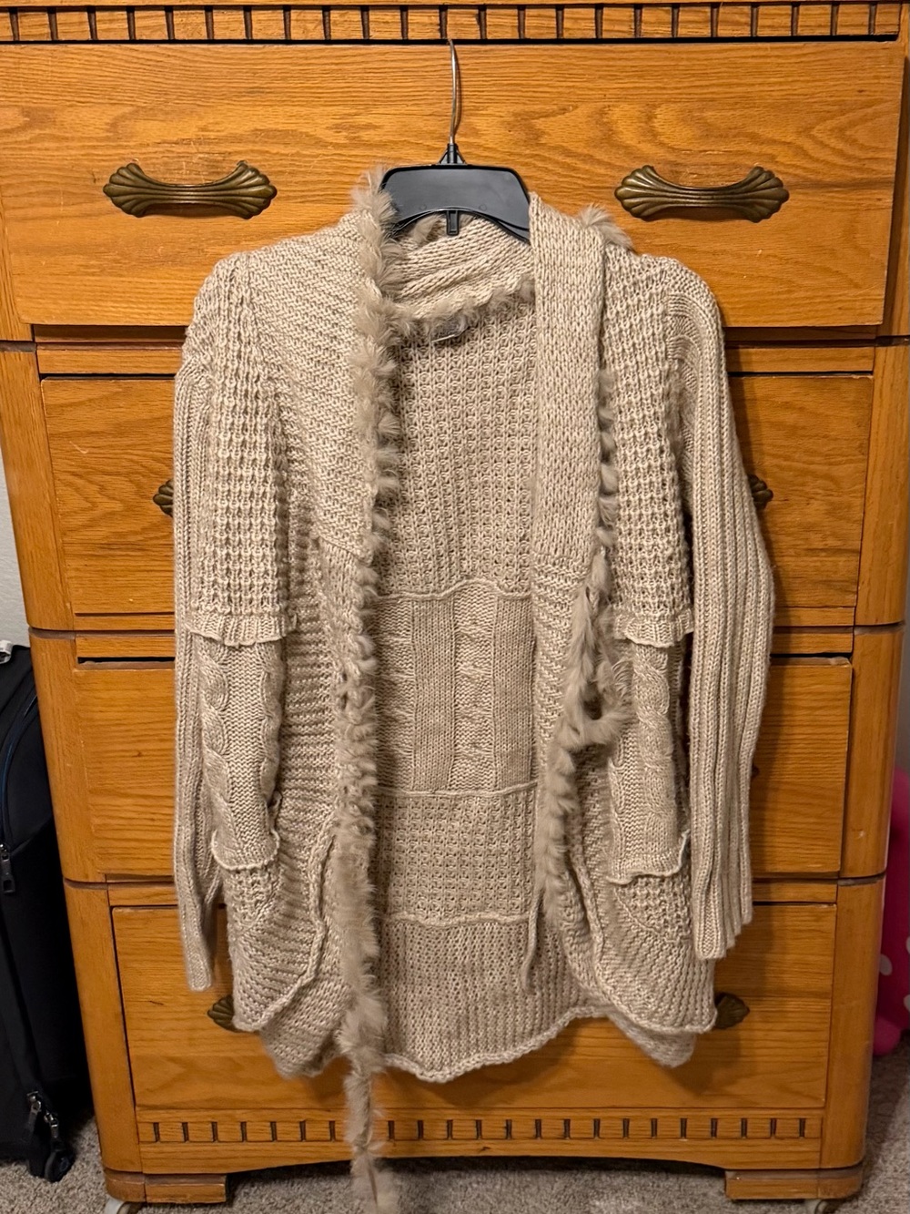 SHAN Cream Faux-Fur Trim Open-Front Cable Cardigan